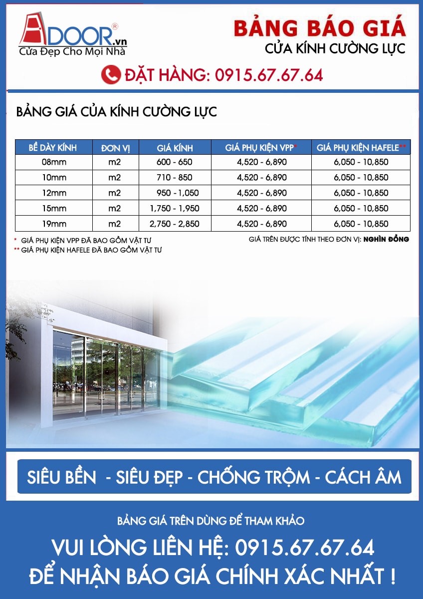 Bảng báo giá cửa kính cường lực theo bề dày kính mới nhất tại Adoor