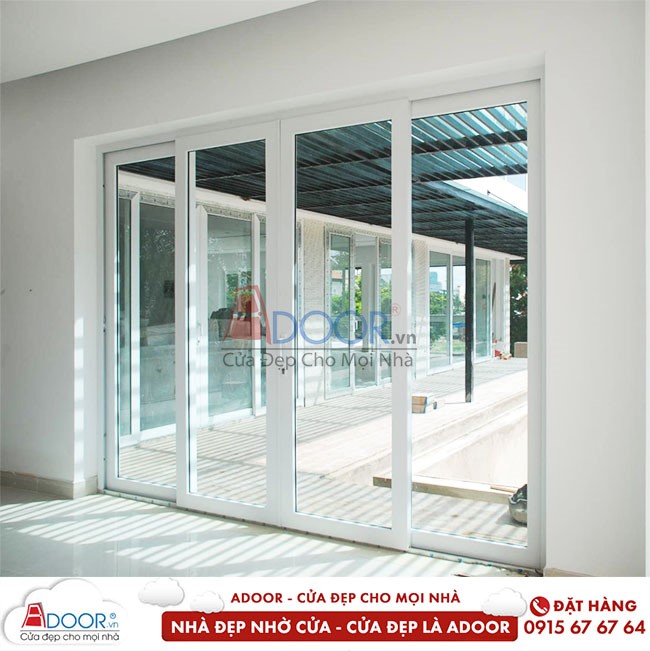 Cửa đi nhựa lõi thép 4 cánh mở lùa cho công trình nhà hàng của bạn