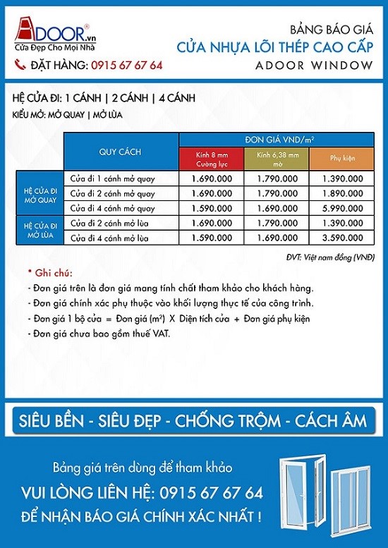 Bảng giá Cửa nhựa lõi thép theo quy cách mở cửa