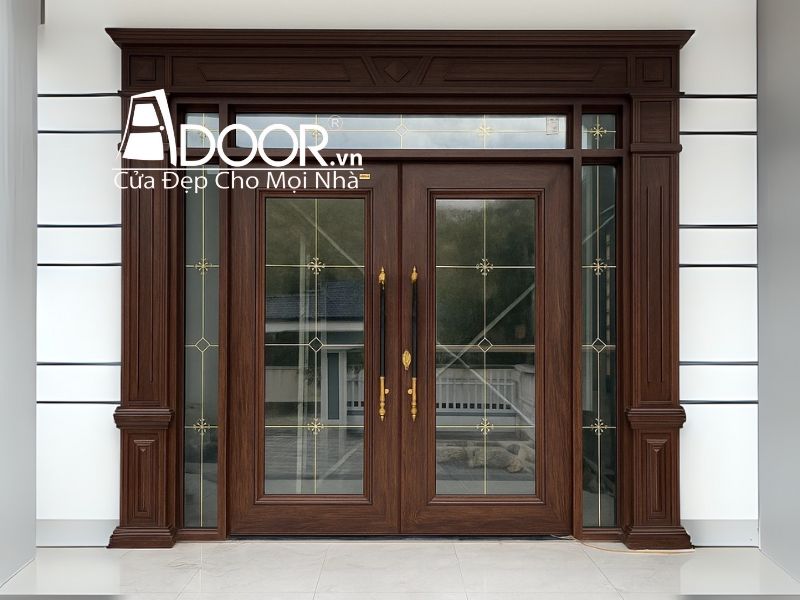 Mẫu Cửa nhôm thủy lực màu vân gỗ trắc