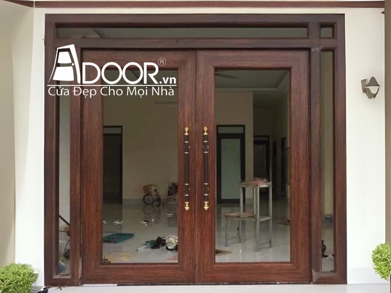 Mẫu Cửa nhôm thủy lực màu vân gỗ trắc