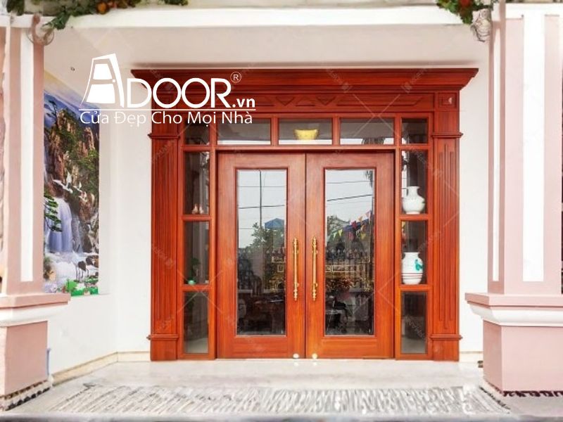 Mẫu Cửa nhôm thủy lực màu vân gỗ hoàng đàn
