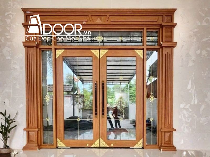 Mẫu Cửa nhôm thủy lực màu vân gỗ hoàng đàn
