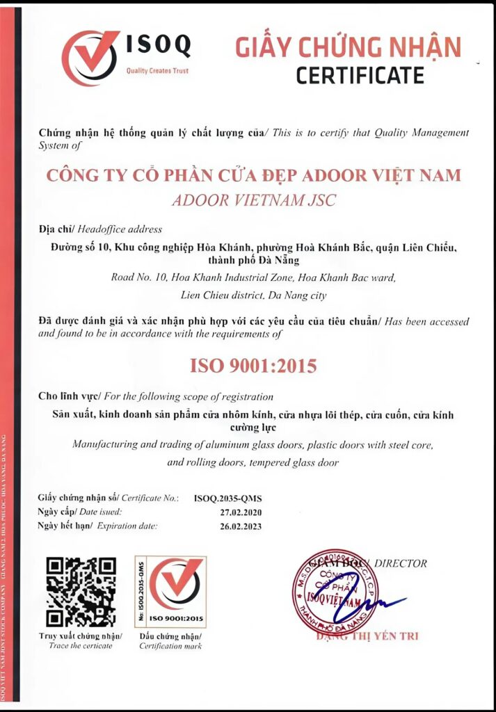 chứng nhận iso của của cửa nhôm xingfa adoor tại đà nẵng