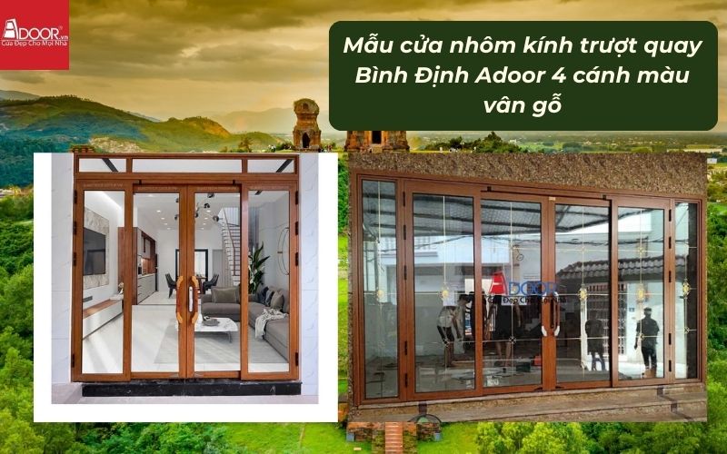Mẫu cửa nhôm kính trượt quay Bình Định Adoor 4 cánh màu vân gỗ 02