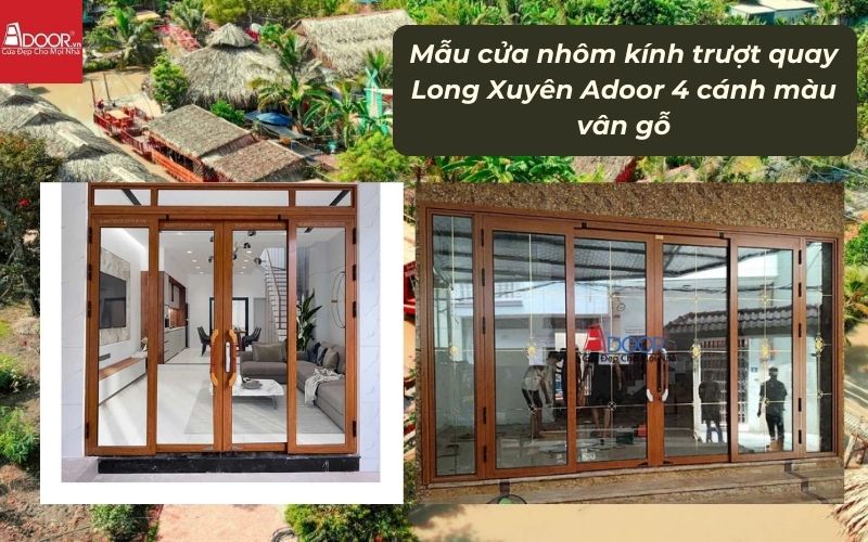Mẫu cửa nhôm kính trượt quay Long Xuyên Adoor 4 cánh màu vân gỗ 02