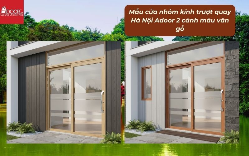 Mẫu cửa nhôm kính trượt quay Hà Nội Adoor 2 cánh màu vân gỗ