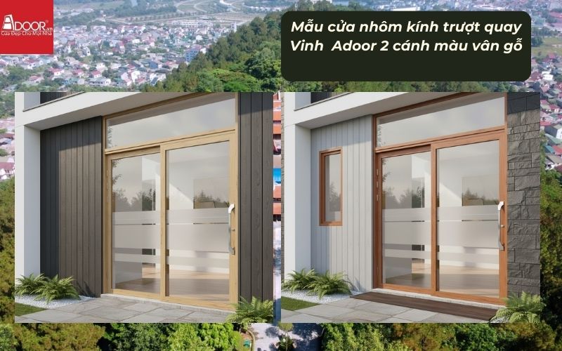 Mẫu cửa nhôm kính trượt quay Vinh Adoor 2 cánh màu vân gỗ