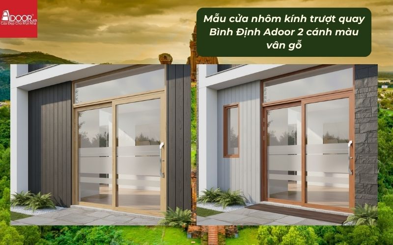 Mẫu cửa nhôm kính trượt quay Bình Định Adoor 2 cánh màu vân gỗ