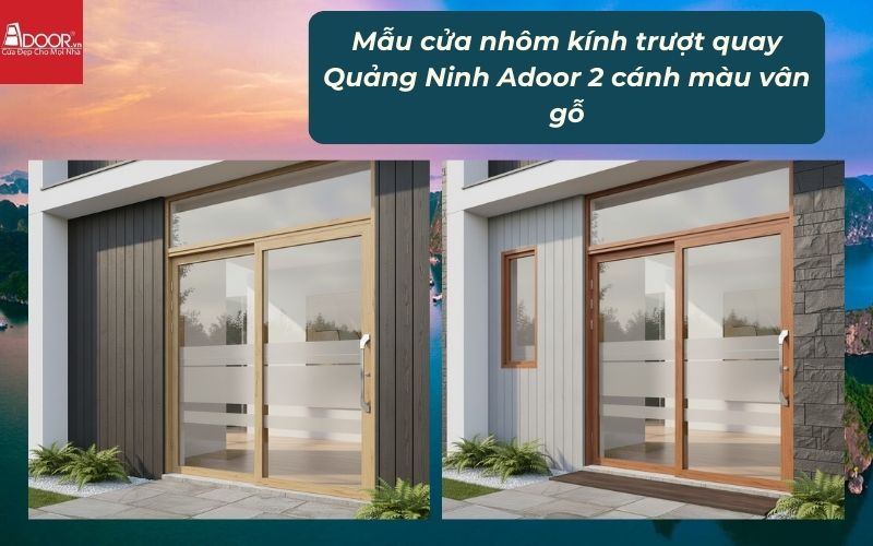 Mẫu cửa nhôm kính trượt quay Quảng Ninh Adoor 2 cánh màu vân gỗ 01