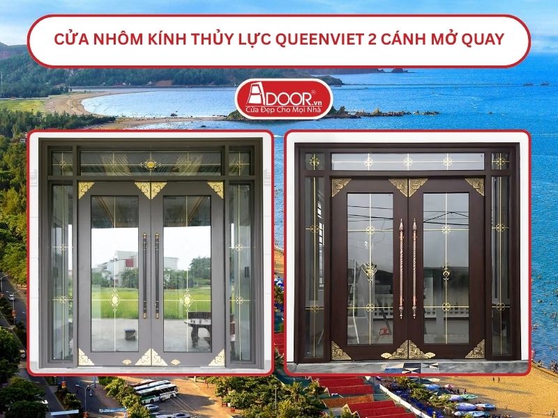 Cửa nhôm kính thủy lực QueenViet 2 cánh mở quay Vinh