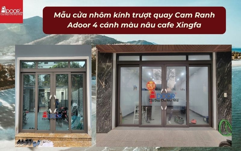 Mẫu cửa nhôm kính trượt quay Cam Ranh Adoor 4 cánh màu vân gỗ