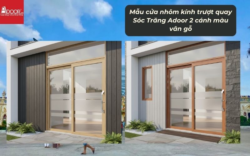 Mẫu cửa nhôm kính trượt quay Sóc Trăng Adoor 2 cánh màu vân gỗ