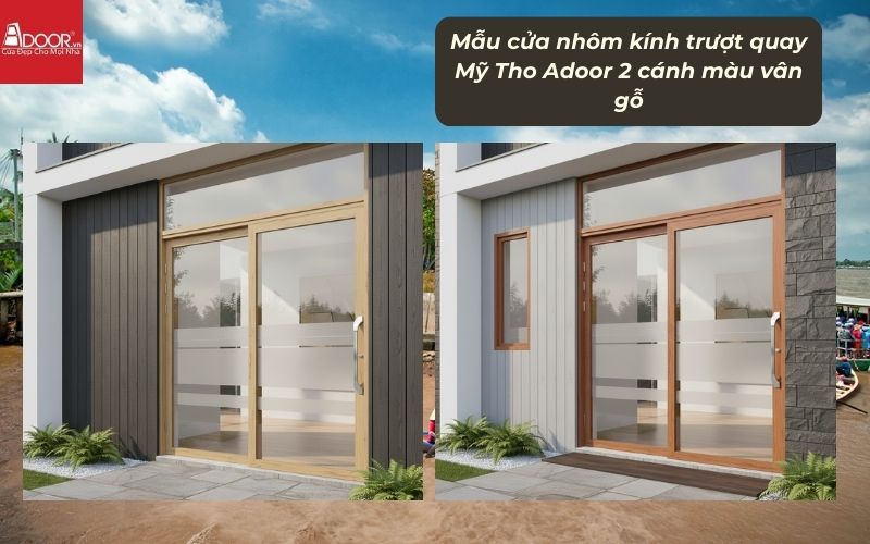 Mẫu cửa nhôm kính trượt quay Mỹ Tho Adoor 2 cánh màu vân gỗ