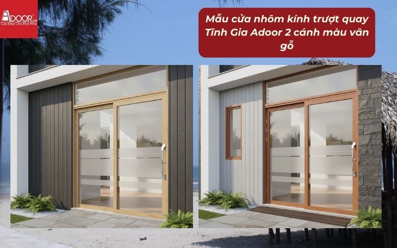 Mẫu cửa nhôm kính trượt quay Tĩnh Gia Adoor 2 cánh màu vân gỗ