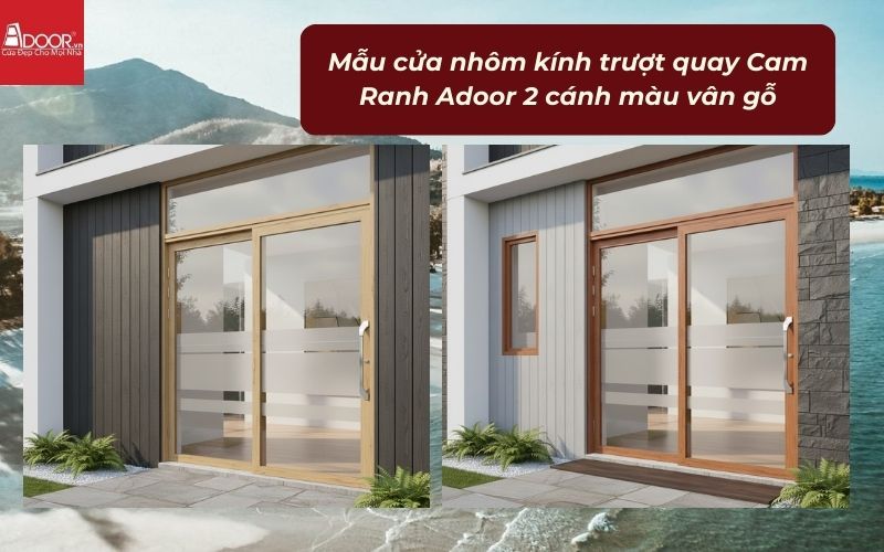 Mẫu cửa nhôm kính trượt quay Cam Ranh Adoor 2 cánh màu vân gỗ