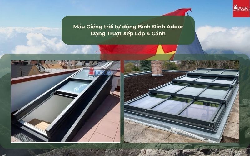 Mẫu Giếng trời tự động Bình Định Adoor Dạng Trượt Xếp Lớp 4 Cánh