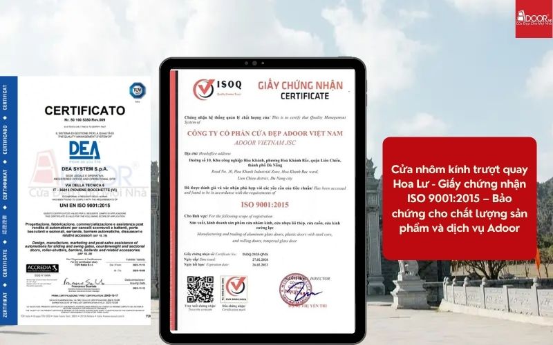 Cửa nhôm kính trượt quay Hoa Lư - Giấy chứng nhận ISO 9001:2015 – Bảo chứng cho chất lượng sản phẩm và dịch vụ Adoor