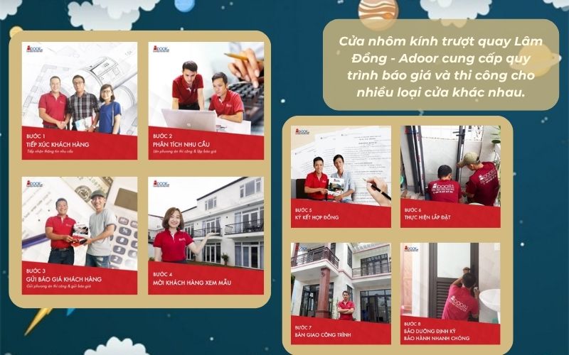 Cửa nhôm kính trượt quay Lâm Đồng - Adoor cung cấp quy trình báo giá và thi công cho nhiều loại cửa khác nhau.