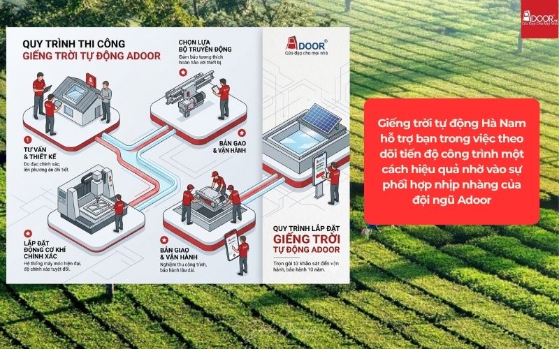 Giếng trời tự động Hà Nam hỗ trợ bạn trong việc theo dõi tiến độ công trình một cách hiệu quả nhờ vào sự phối hợp nhịp nhàng của đội ngũ Adoor