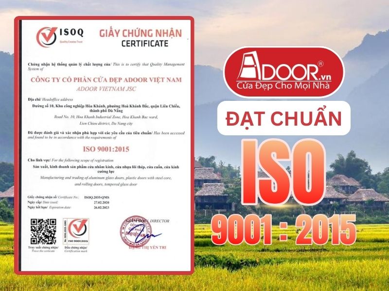 Chứng nhận ISO minh chứng Cửa Nhôm Kính Thủy Lực Adoor uy tín phục vụ Hòa Bình