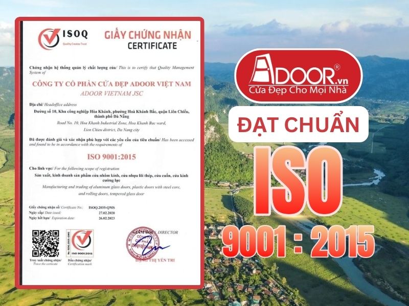 Chứng nhận ISO minh chứng Cửa Nhôm Kính Thủy Lực Adoor uy tín phục vụ Lạng Sơn