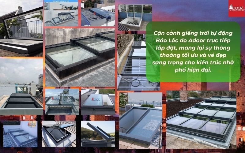 Cận cảnh giếng trời tự động Bảo Lộc do Adoor trực tiếp lắp đặt, mang lại sự thông thoáng tối ưu và vẻ đẹp sang trọng cho kiến trúc nhà phố hiện đại.