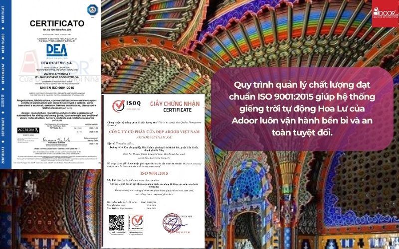 Quy trình quản lý chất lượng đạt chuẩn ISO 9001:2015 giúp hệ thống giếng trời tự động Hoa Lư của Adoor luôn vận hành bền bỉ và an toàn tuyệt đối.