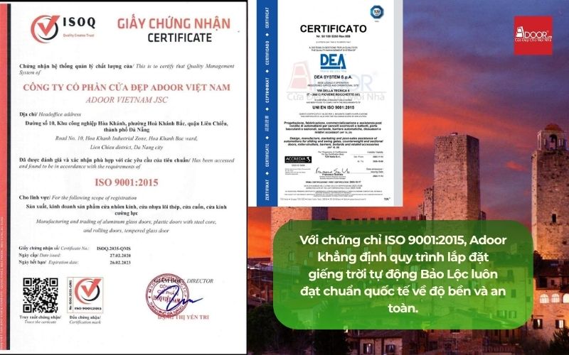 Với chứng chỉ ISO 9001:2015, Adoor khẳng định quy trình lắp đặt giếng trời tự động Bảo Lộc luôn đạt chuẩn quốc tế về độ bền và an toàn.