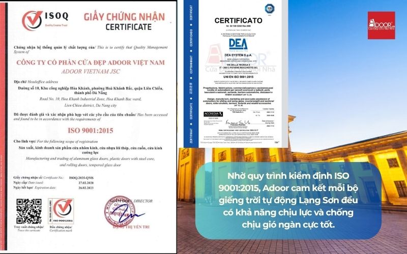 Nhờ quy trình kiểm định ISO 9001:2015, Adoor cam kết mỗi bộ giếng trời tự động Lạng Sơn đều có khả năng chịu lực và chống chịu gió ngàn cực tốt.