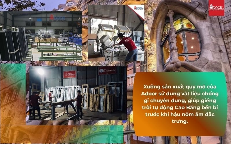 Xưởng sản xuất quy mô của Adoor sử dụng vật liệu chống gỉ chuyên dụng, giúp giếng trời tự động Cao Bằng bền bỉ trước khí hậu nồm ẩm đặc trưng.