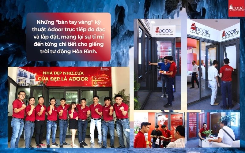 Những "bàn tay vàng" kỹ thuật Adoor trực tiếp đo đạc và lắp đặt, mang lại sự tỉ mỉ đến từng chi tiết cho giếng trời tự động Hòa Bình.