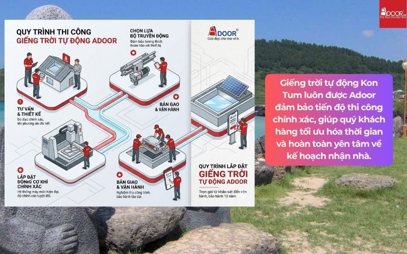Giếng trời tự động Kon Tum luôn được Adoor đảm bảo tiến độ thi công chính xác, giúp quý khách hàng tối ưu hóa thời gian và hoàn toàn yên tâm về kế hoạch nhận nhà.