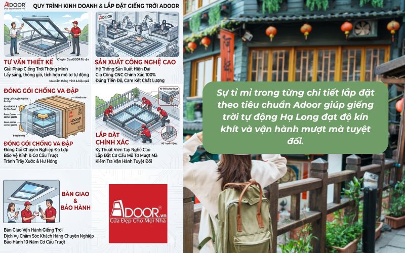 Sự tỉ mỉ trong từng chi tiết lắp đặt theo tiêu chuẩn Adoor giúp giếng trời tự động Hạ Long đạt độ kín khít và vận hành mượt mà tuyệt đối.