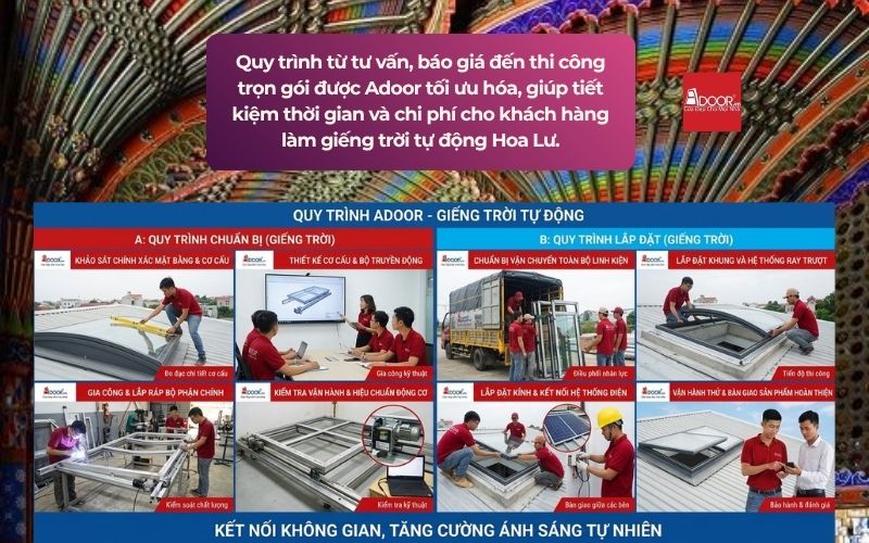 Quy trình từ tư vấn, báo giá đến thi công trọn gói được Adoor tối ưu hóa, giúp tiết kiệm thời gian và chi phí cho khách hàng làm giếng trời tự động Hoa Lư.