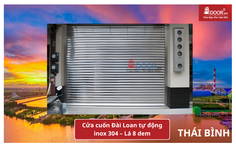 Cửa cuốn Đài Loan tự động inox 304 – Lá 8 dem cửa cuốn Đài Loan Thái Bình