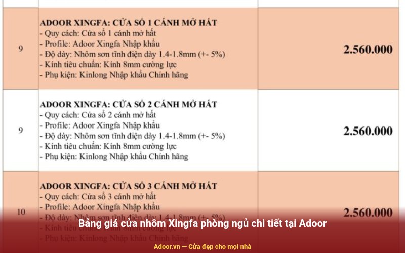 Bảng giá cửa nhôm Xingfa phòng ngủ chi tiết tại Adoor