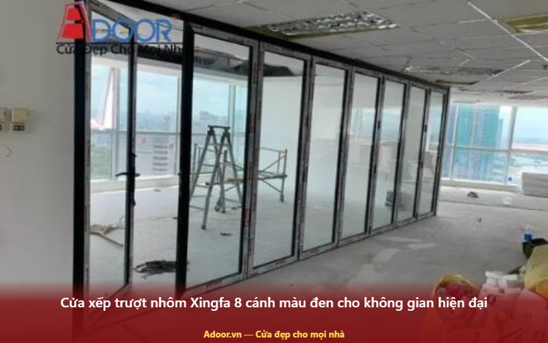 Cửa xếp trượt Xingfa 8 cánh Cửa xếp trượt nhôm Xingfa 8 cánh màu đen cho không gian hiện đại — Adoor.vn