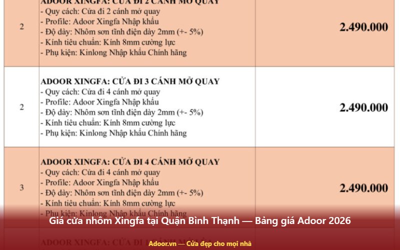 Giá cửa nhôm Xingfa tại Quận Bình Thạnh — Bảng giá Adoor 2026