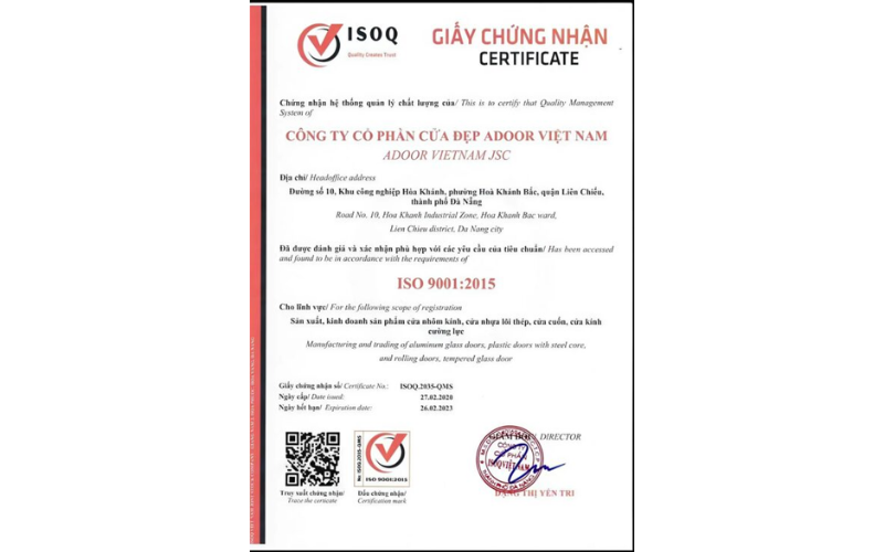 Chứng nhận ISO 9001:2015 của Adoor Việt Nam