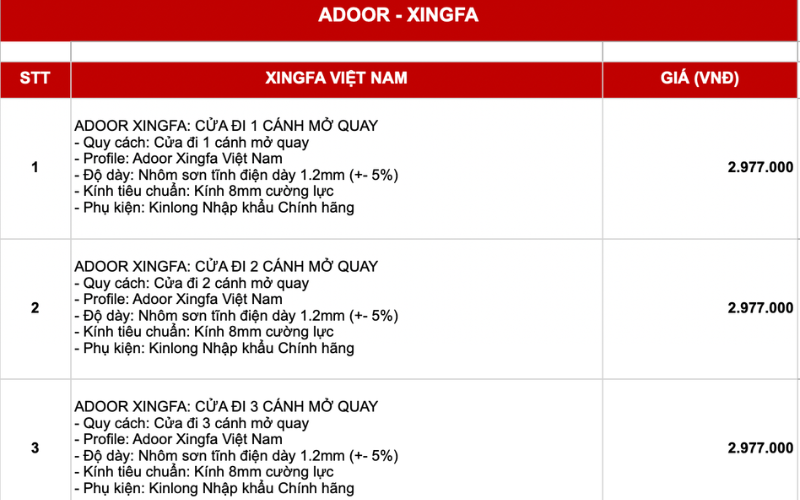 Bảng giá cửa nhôm Xingfa Việt Nam Adoor