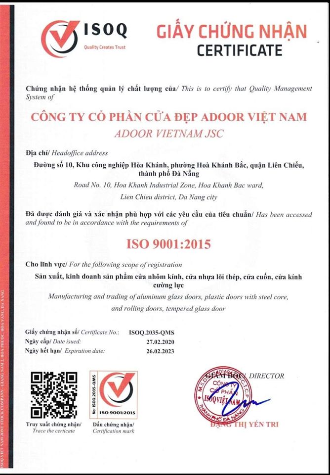 Giấy chứng nhận ISO 9001:2015 của Công ty Cổ phần Cửa Đẹp Adoor Việt Nam