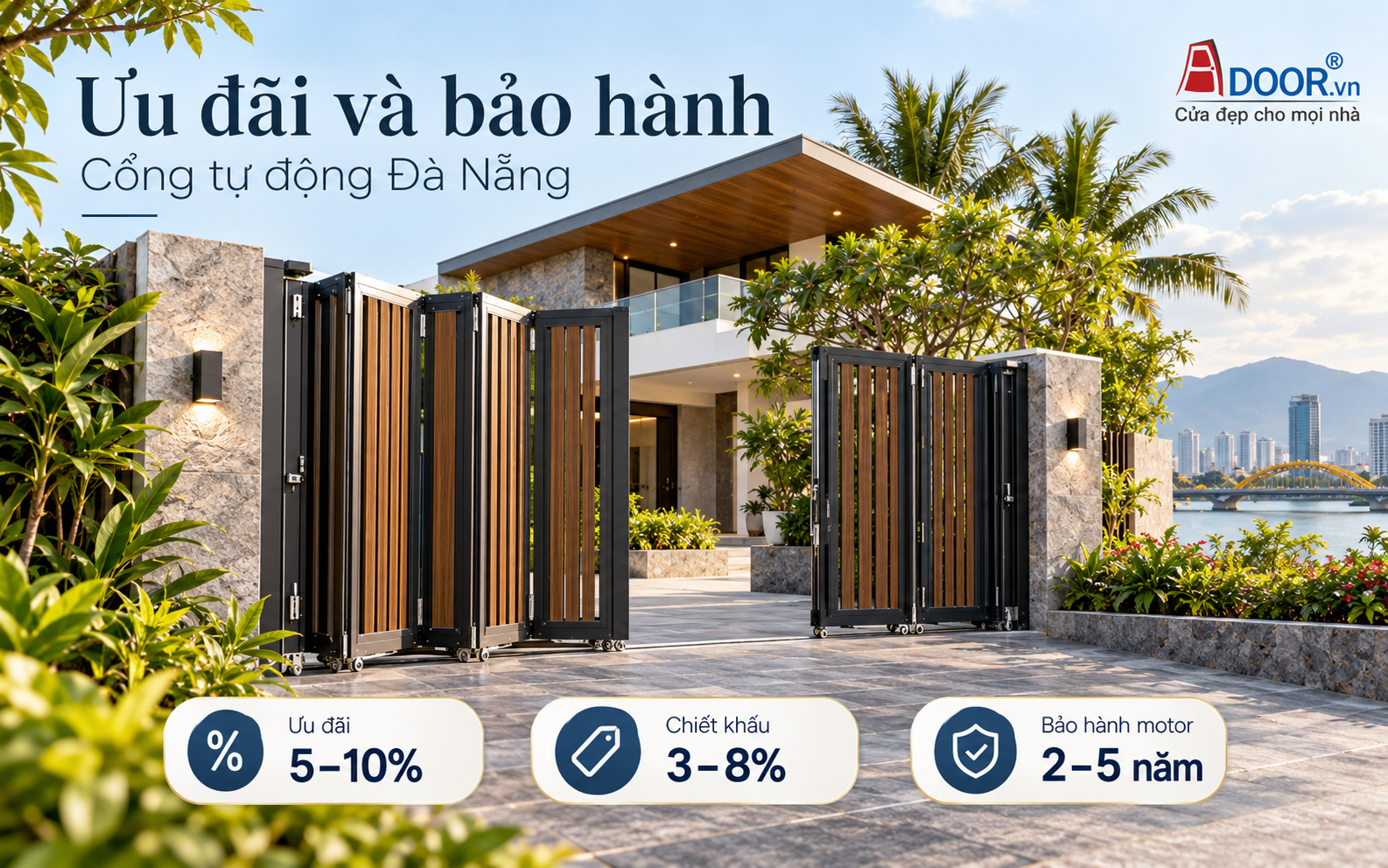 Cổng tự động tại Đà Nẵng – Ưu đãi 5–10%, chiết khấu 3–8% và bảo hành motor 2–5 năm Adoor