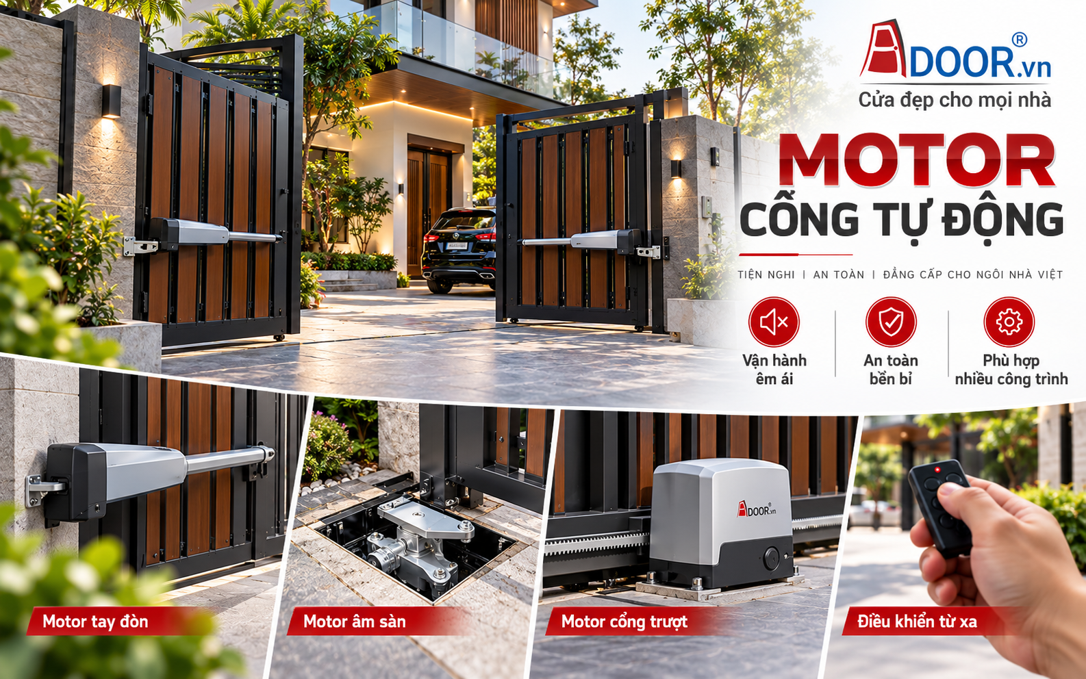 Cổng tự động tại Hà Nội - Các loại motor Adoor gồm tay đòn, âm sàn và motor cổng trượt