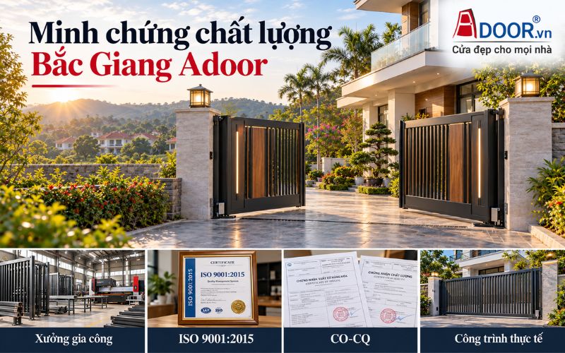 Cổng tự động tại Bắc Giang – Xưởng gia công, chứng nhận ISO 9001:2015, CO-CQ và mẫu công trình