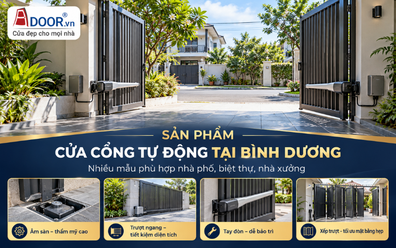 Giá cổng tự động tại Bình Dương – Các mẫu cổng âm sàn, tay đòn, trượt ngang và xếp trượt Adoor