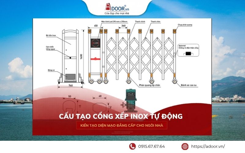 Cổng xếp inox 304 tự động Bình Định – Cấu tạo các bộ phận chính