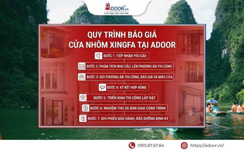 Cửa nhôm Xingfa Ninh Bình - Quy trình báo giá Adoor gồm tư vấn nhu cầu, khảo sát thực tế, lên phương án, báo giá chi tiết Quy trình báo giá nhanh chóng, minh bạch tại Adoor.
