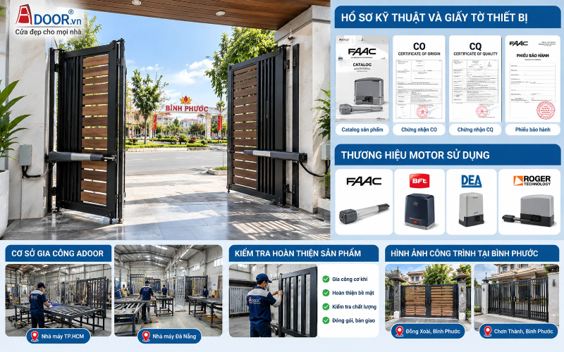 Cửa cổng tự động Adoor – Xưởng gia công, hồ sơ chất lượng và mẫu cổng