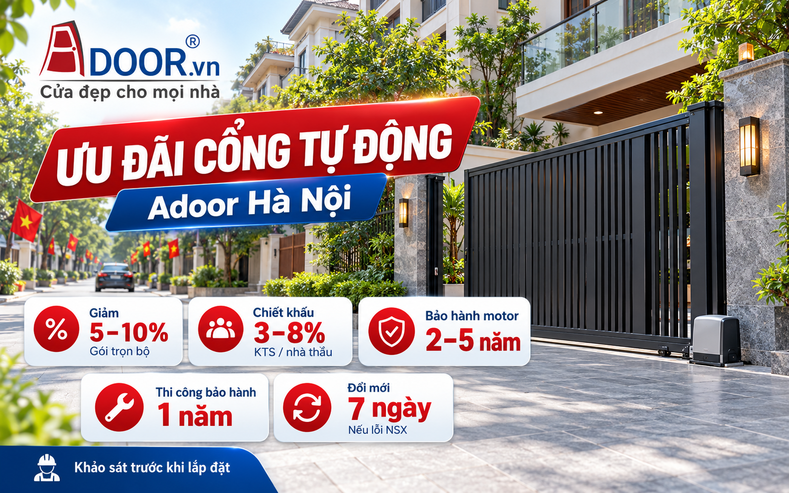 Cổng tự động tại Hà Nội - Hình giới thiệu ưu đãi cổng tự động tại Hà Nội Adoor và chính sách bảo hành motor